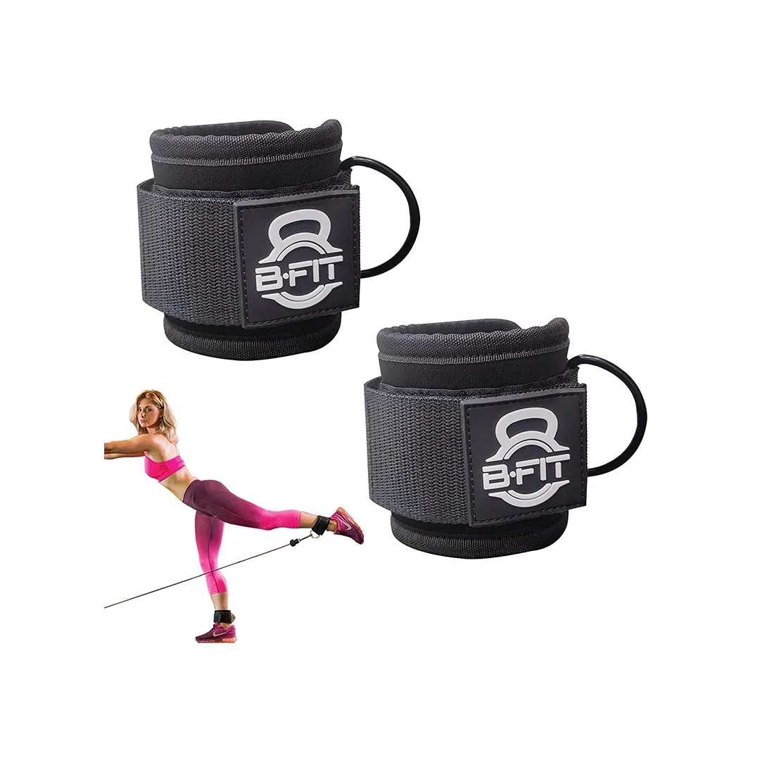 B Fit Neoprene Padded Ankle Strap/Ankle Cuff for Cable Machines Attachment - Adjustable Soft Wrist Cuff with D Ring, for Kickbacks, Glute Workouts, Leg Extensions, Curls, Exercises, One Pair