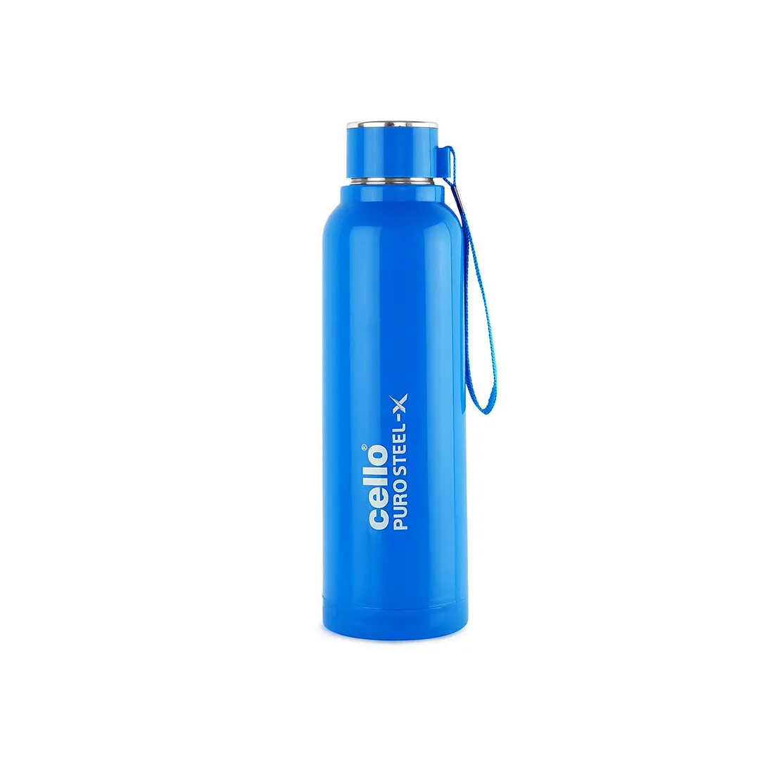 Cello Puro Steel-X Benz Water Bottle with Inner Steel and Outer Plastic , 900 ml, 1 Piece, Blue