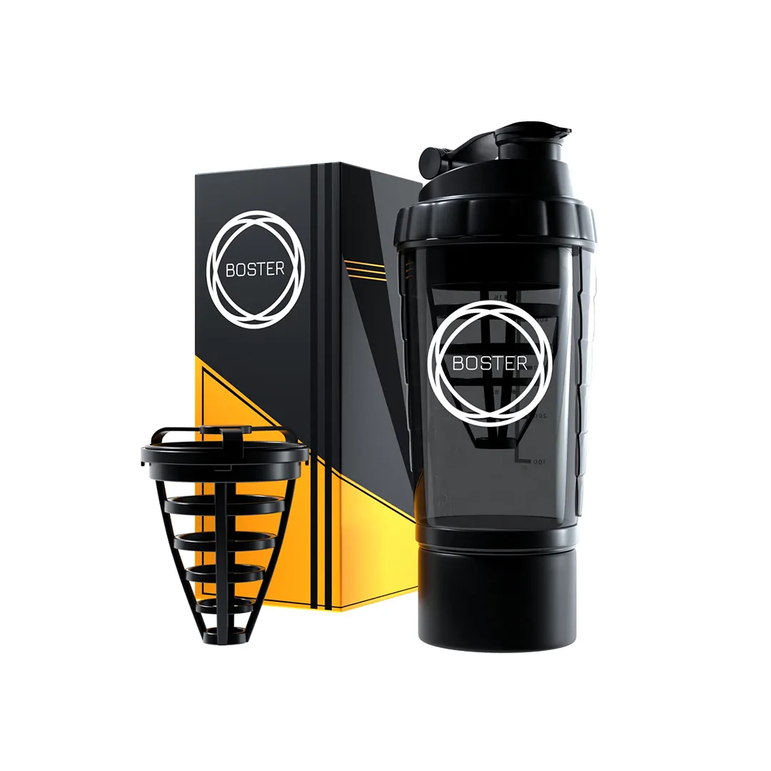 BOSTER RhinoX Plastic BPA-free Material Leakproof Gym Shaker Bottle with Extra Compartment Ideal for Protein, Preworkout and BCAAs (500 Milliliters, Black)