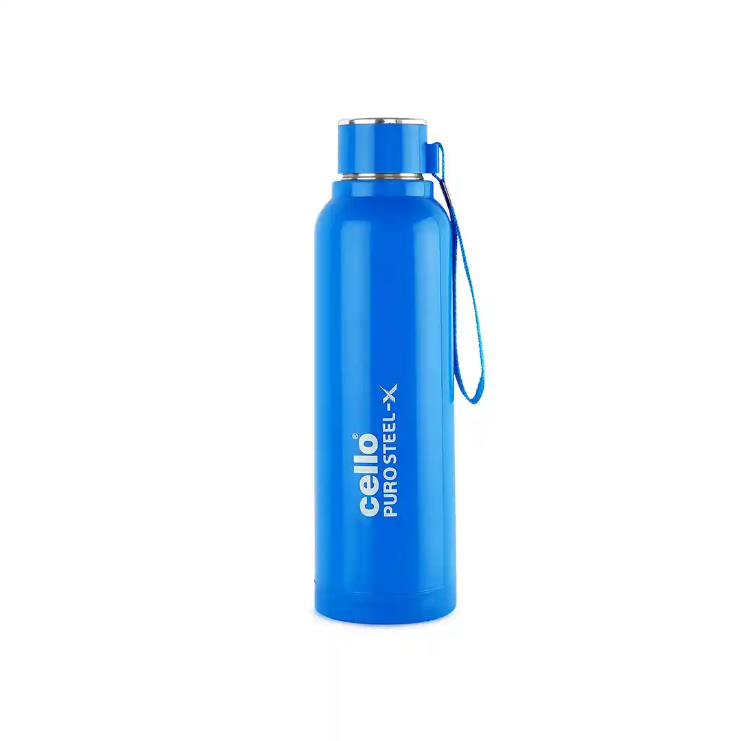 Cello Puro Steel-X Benz Water Bottle with Inner Steel and Outer Plastic , 900 ml, 1 Piece, Blue