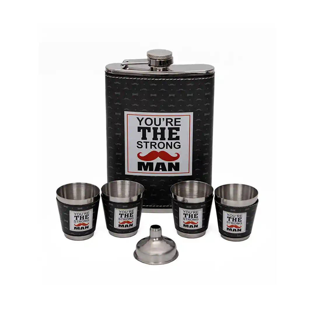 Store2508® Hip Flask Set with Shot Glasses & Funnel in Attractive Printed Box. “You are The Strong Man”.